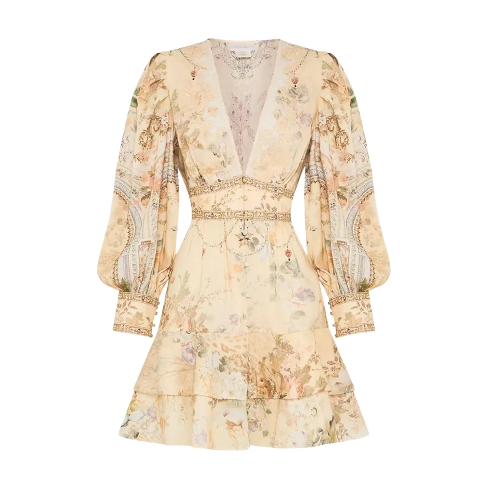 Camilla Bloemen Mini Jurk met Ruches Beige Dames