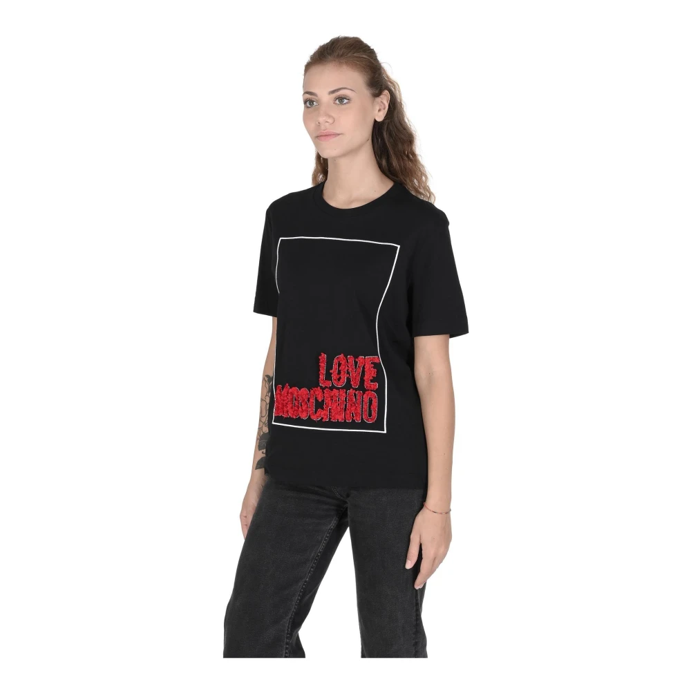 Moschino Geborduurd Bloemen Logo T-Shirt van Katoen Black Dames
