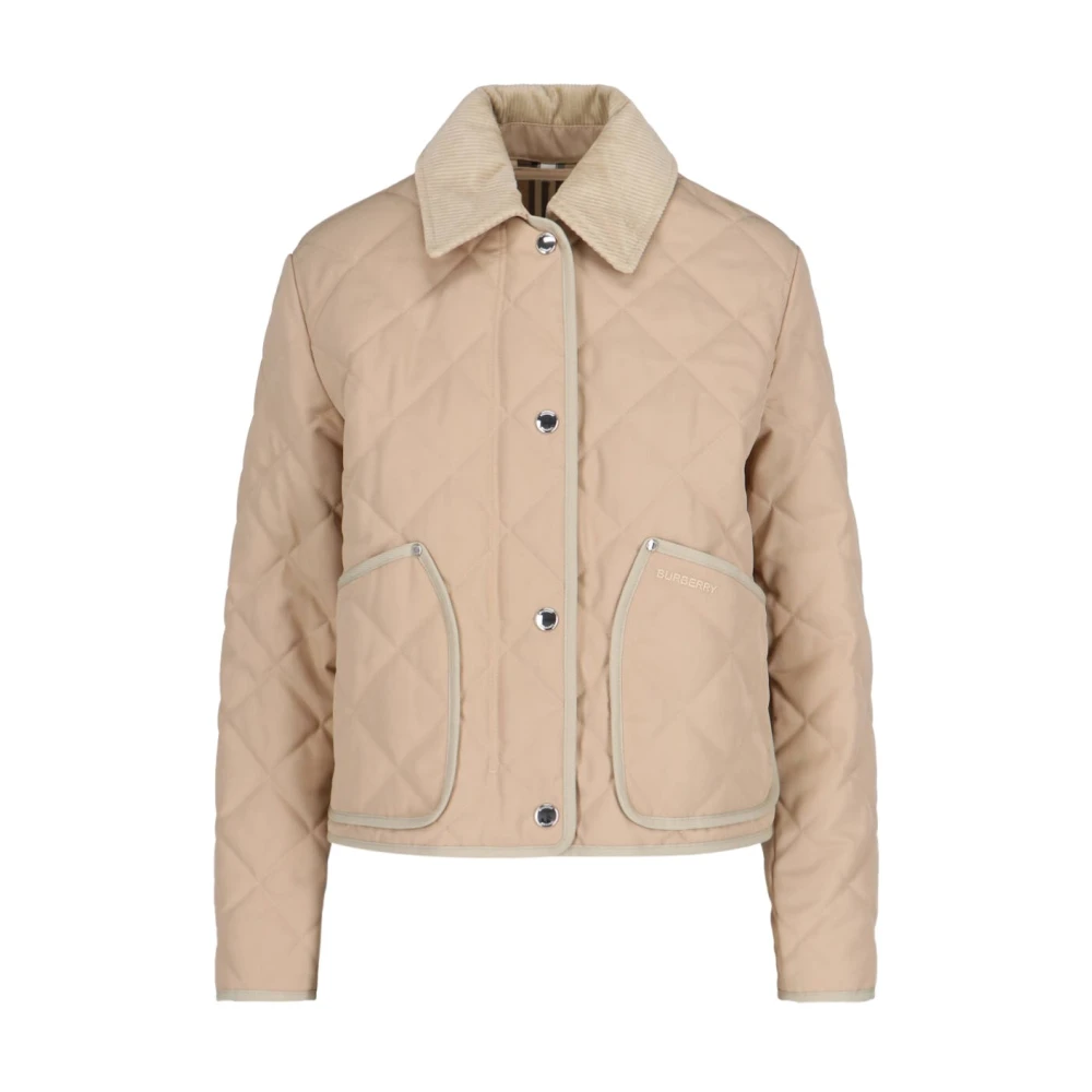 Burberry Beige Ribfluwelen Kraag Jas met Logo Beige Dames