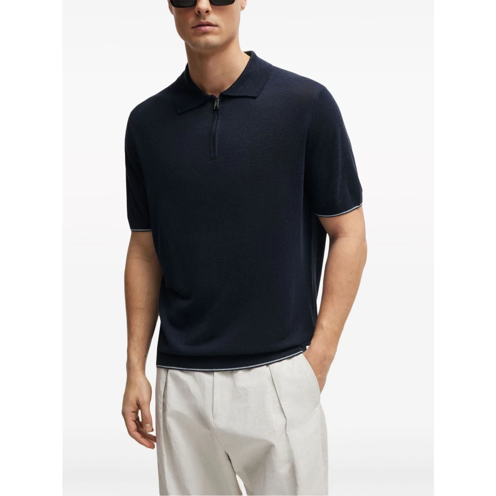 Boss Blauwe Linnen Polo met Rits Blue Heren