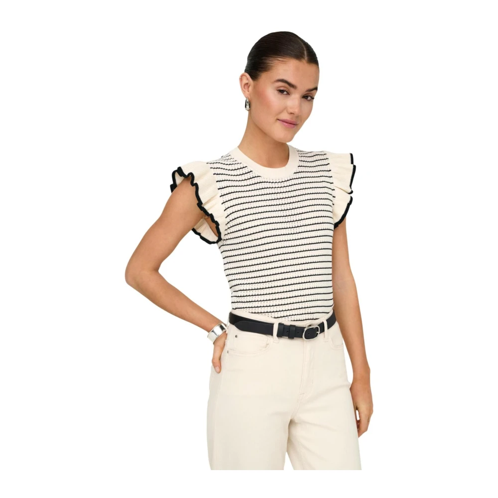 Jacqueline De Yong Women's Beige Striped Sleeveless Round Neck Knitwear