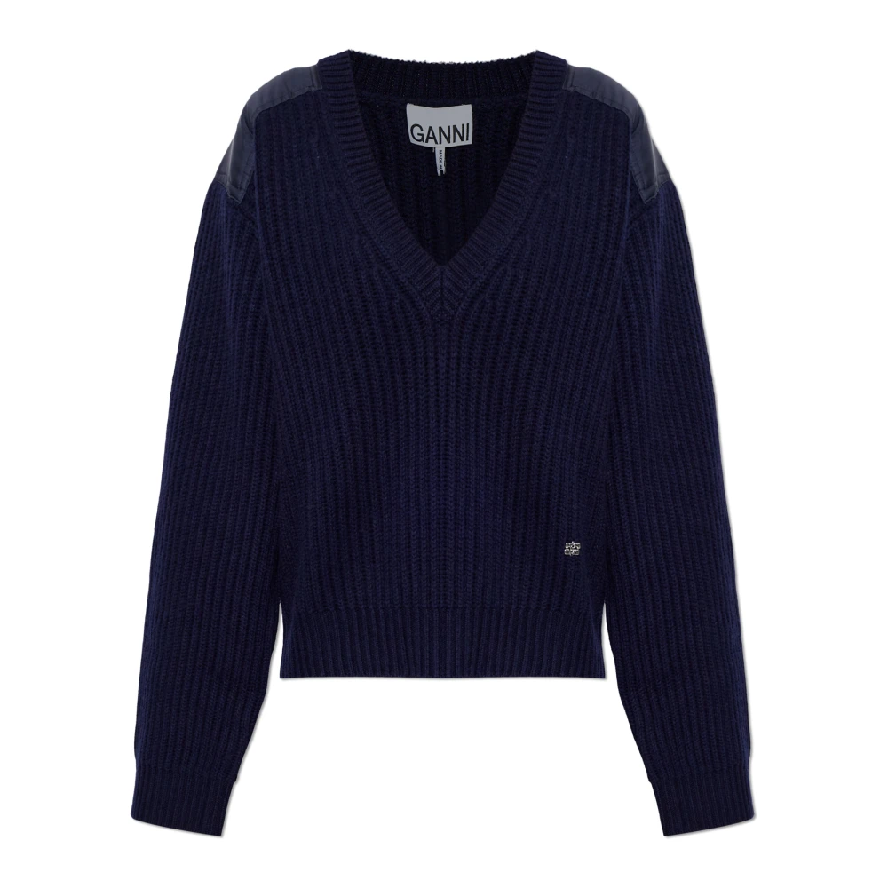 Ganni , V-Neck Knitwear, Female, Blue, S, Wool V-Neck Jumper