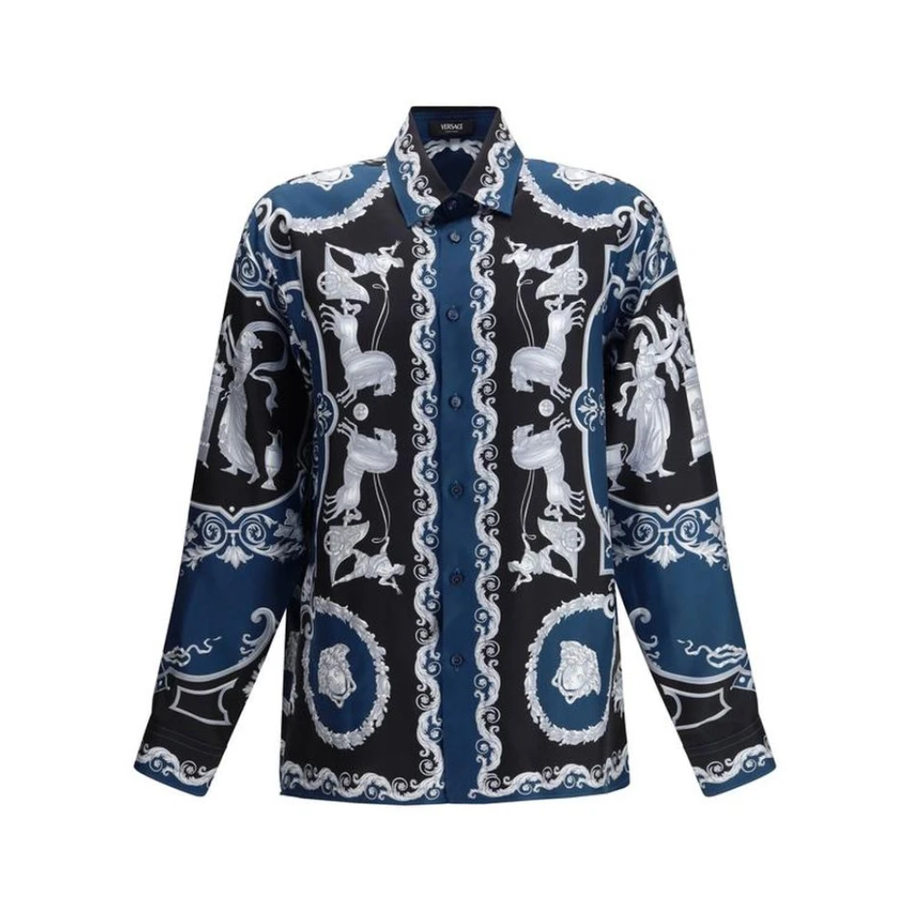 Versace Men's Blue Printed Silk Twill Regular Shirt