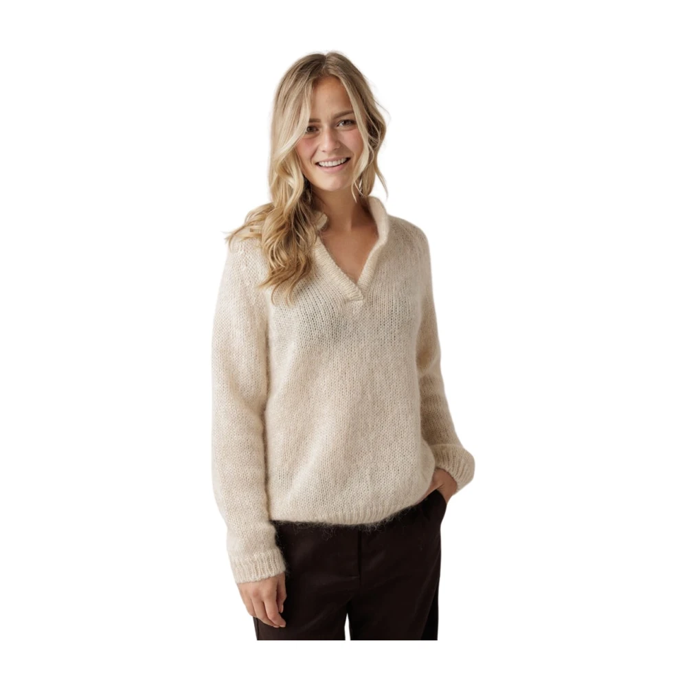 Knit-ted Gezellige Mohair Polo Sweater Beige Dames