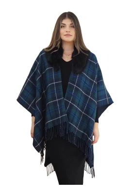 Skotskrutig poncho med pälskrage för kvinnor - U, VER
