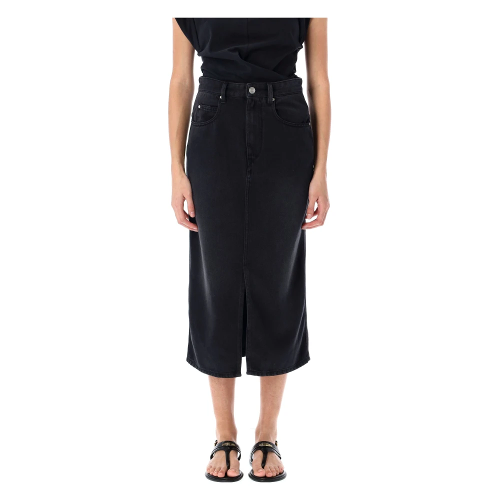 Svart Denim Midi Kjol med Slits