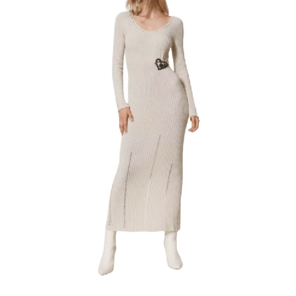 Twinset Cappuccino Lange Jurk Geribbeld Hart Pin Beige Dames