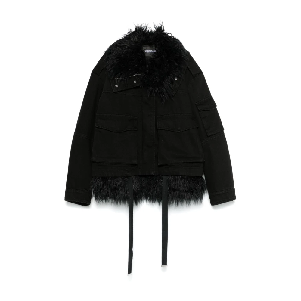 Dondup Zwarte Denim Jas met Nepbont Kraag Black Dames