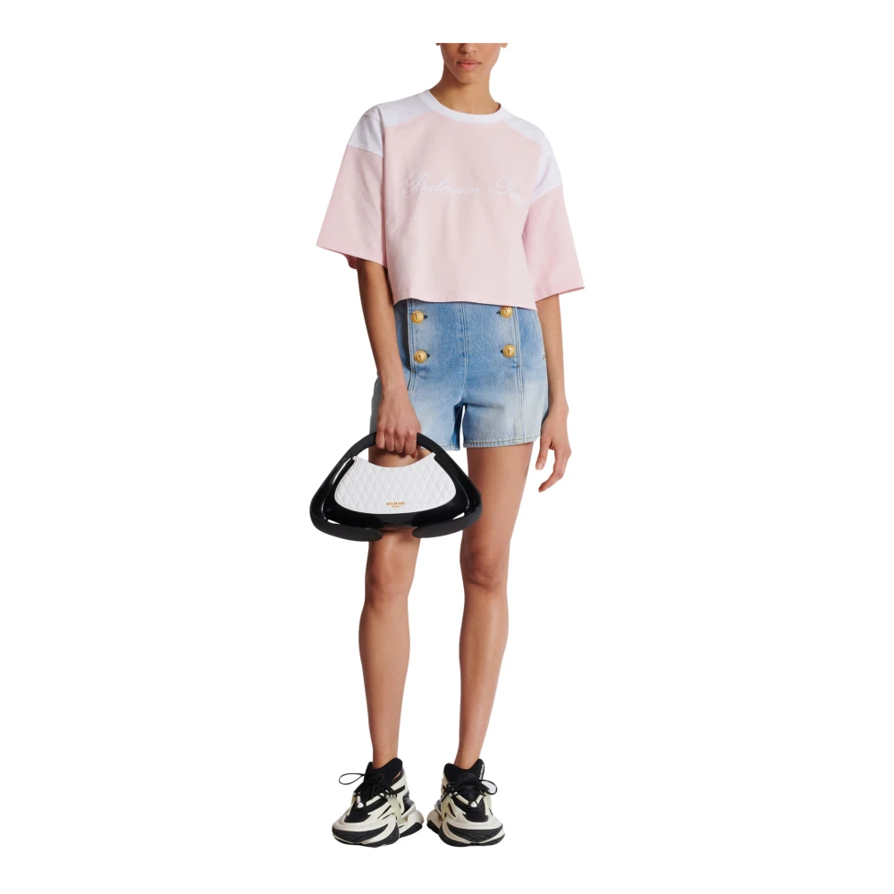 Balmain Tweekleurig T-shirt met Handtekening borduursel Pink Dames
