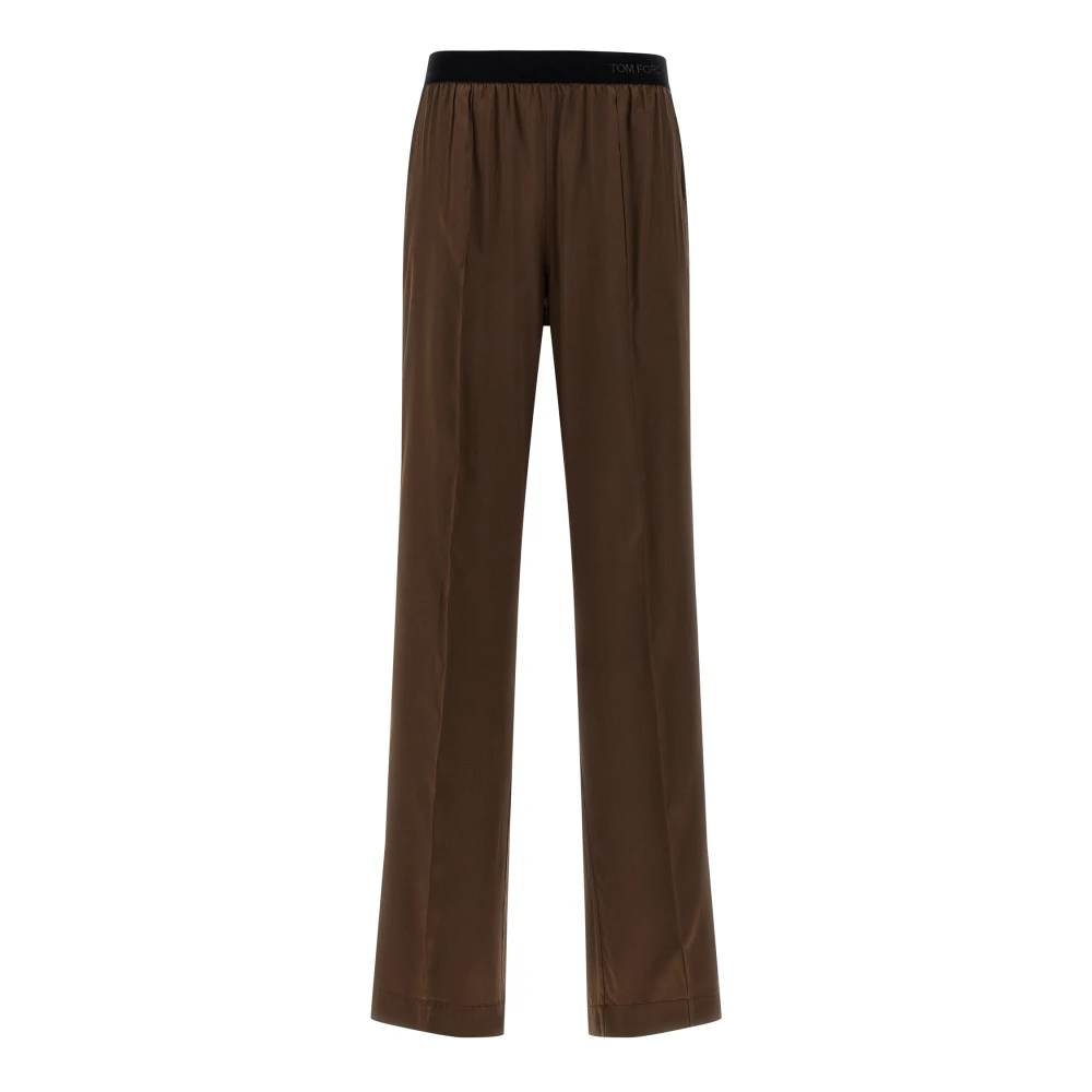 Tom Ford Women's Brown Wide Trousers, L, Stretch Silk Satin Pj Trousers