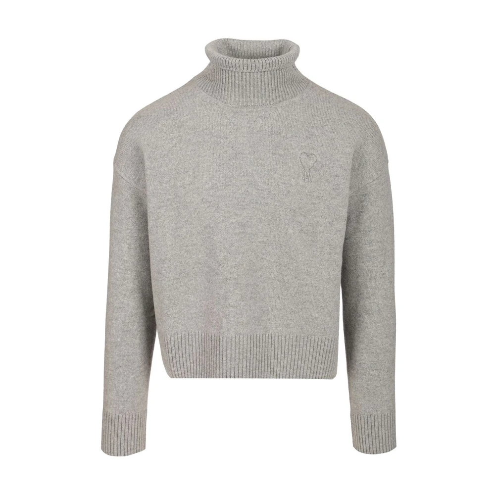 Ami Paris Men's Gray De Coeur Turtleneck Jumper - Turtlenecks - L - Knitwear