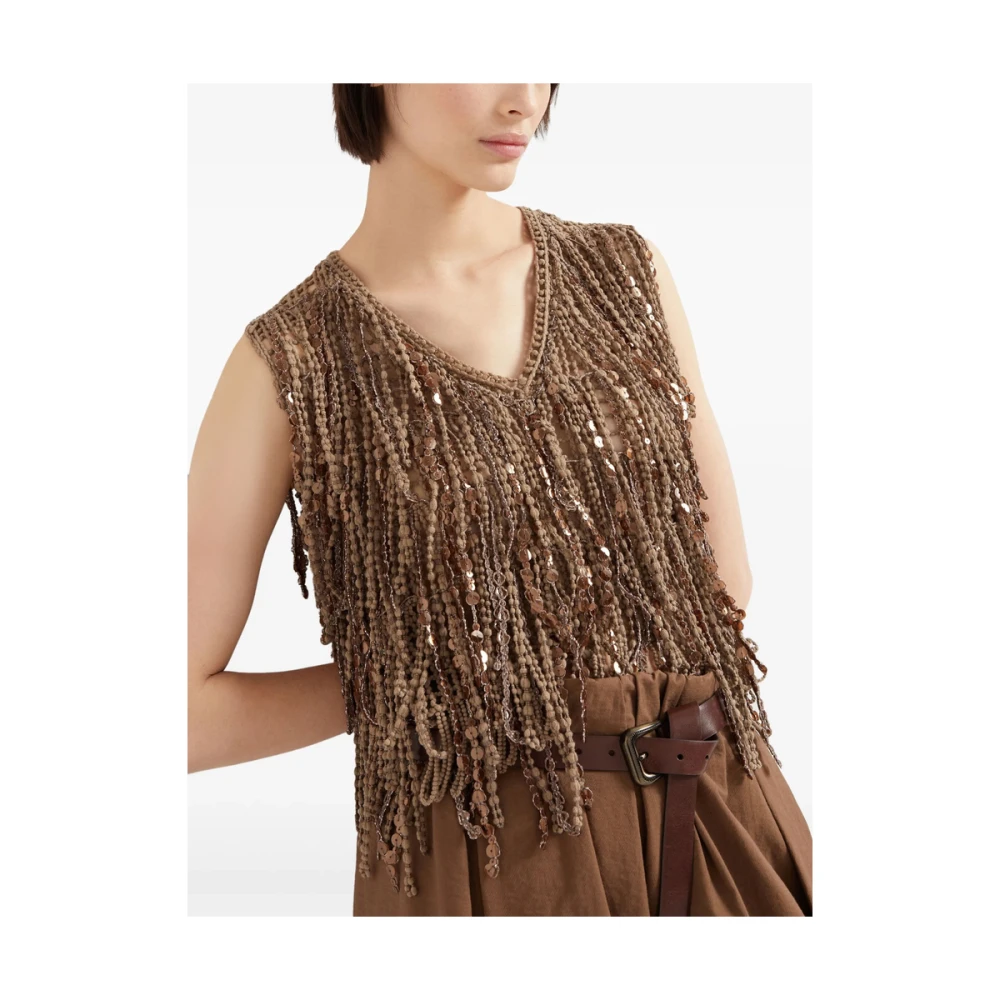 BRUNELLO CUCINELLI Bruine Pailletten V-hals Mouwloze Trui Brown Dames
