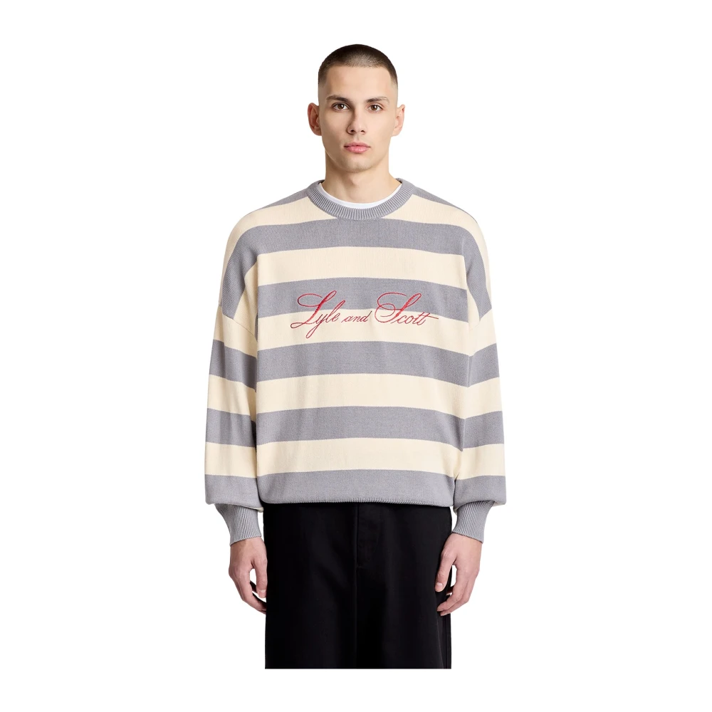 Lyle & Scott Men's Gray Round-Neck Knitwear, M, Mid Knits Striped Embroidered Jumper