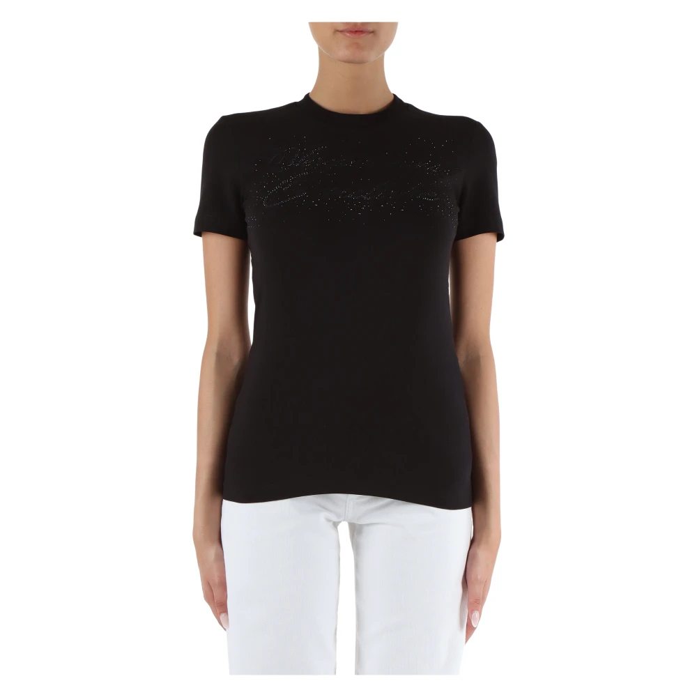 Versace Jeans Couture Stretch katoenen T-shirt met strass logo Black Dames
