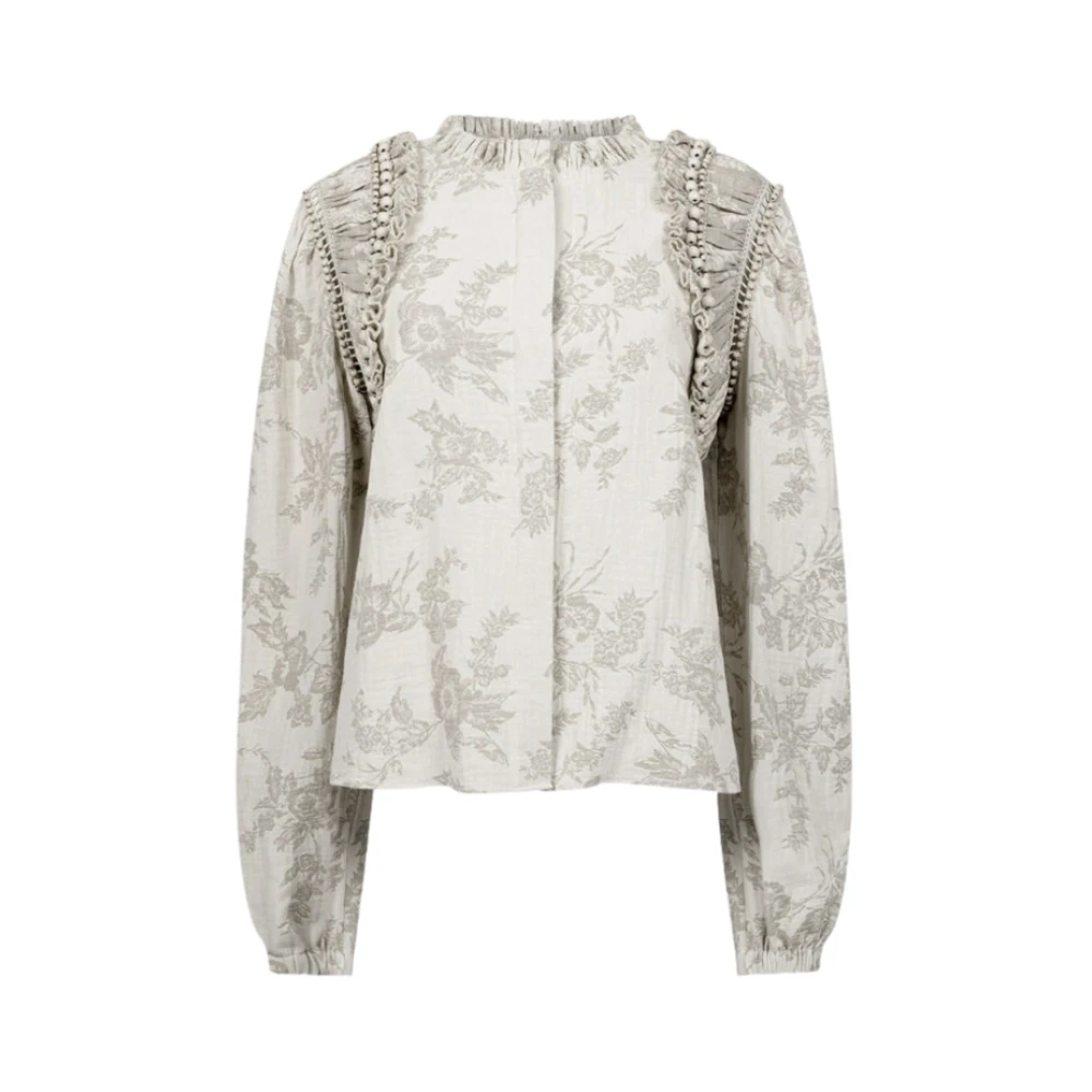 Mes Demoiselles Bloemenkatoenen overhemd met kraaldetail Beige Dames