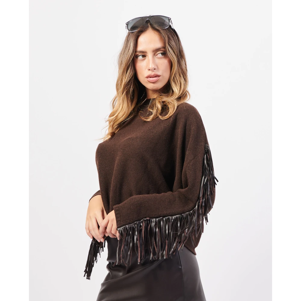 Jijil Bruine Trui met Faux Leren Franjes Brown Dames