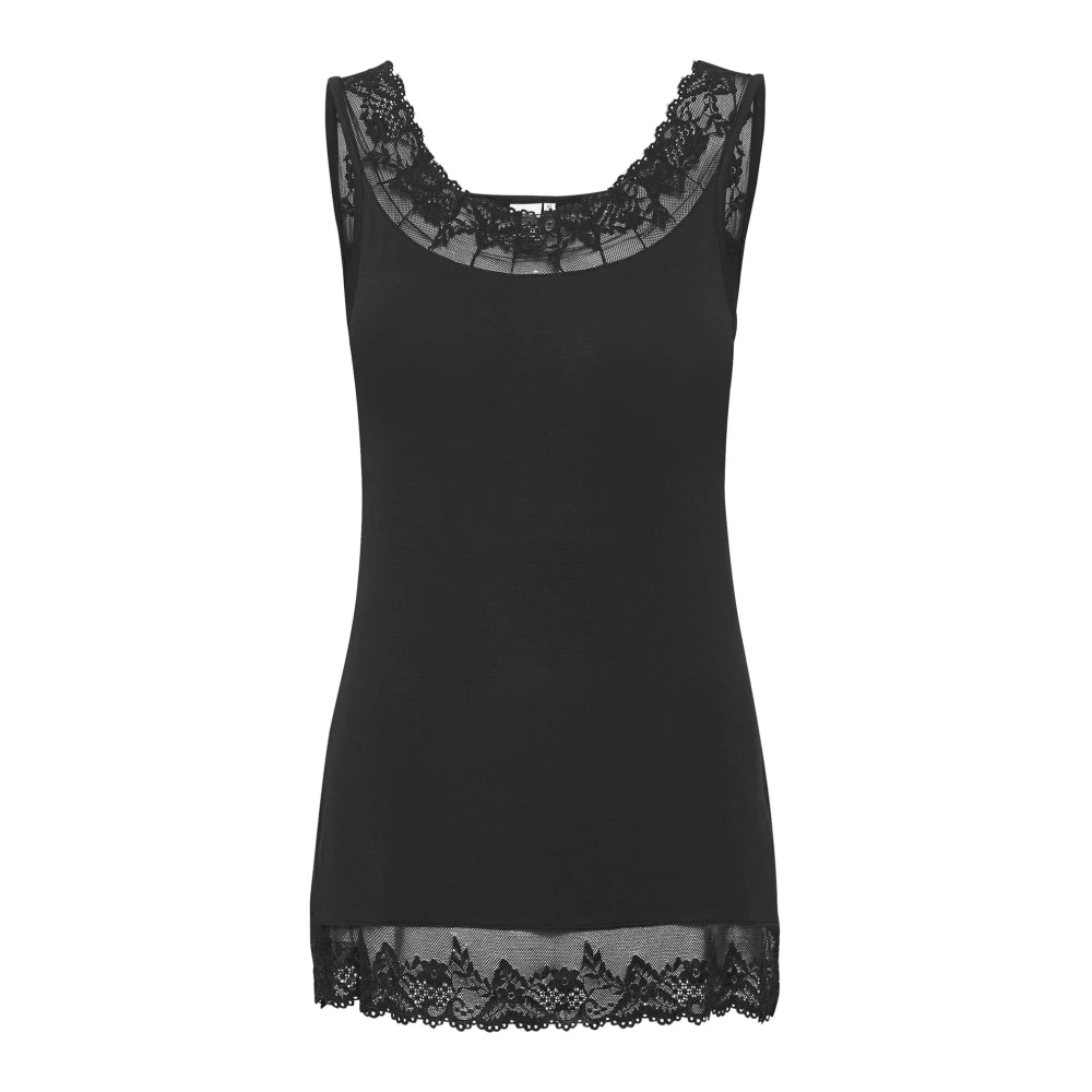 Cream Vrouwelijke Kant Detail Top Zwart Black Dames