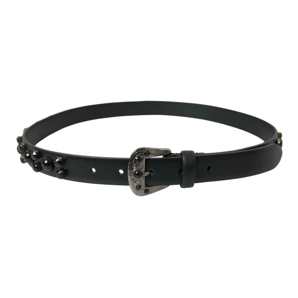 Dolce & Gabbana Women's Black Embellished Leather Engraved Buckle Belt