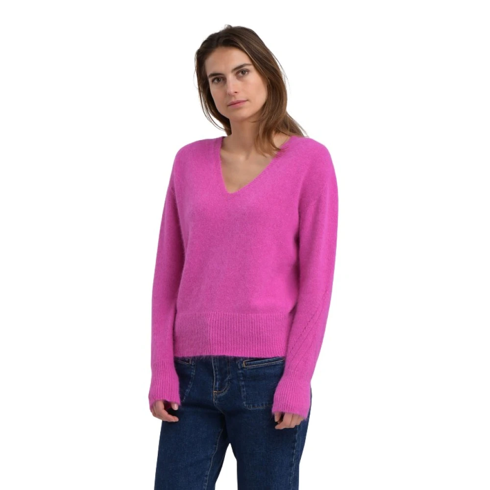 La Fée Maraboutée Angora V-hals trui boxy stijl Pink Dames