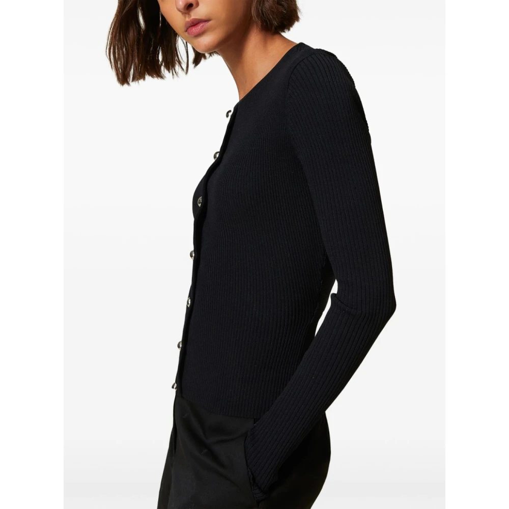 Twinset Zwarte Ribgebreide Trui met Twist Detail Black Dames