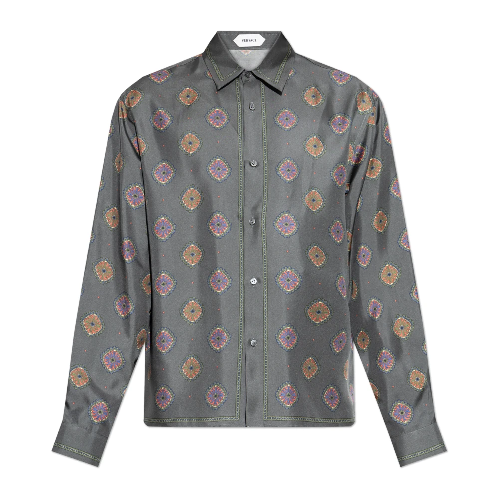 Versace Mannelijk Grijs Overhemden Heren, L, Gedrukte Regular Shirt Van Zijde Twill
