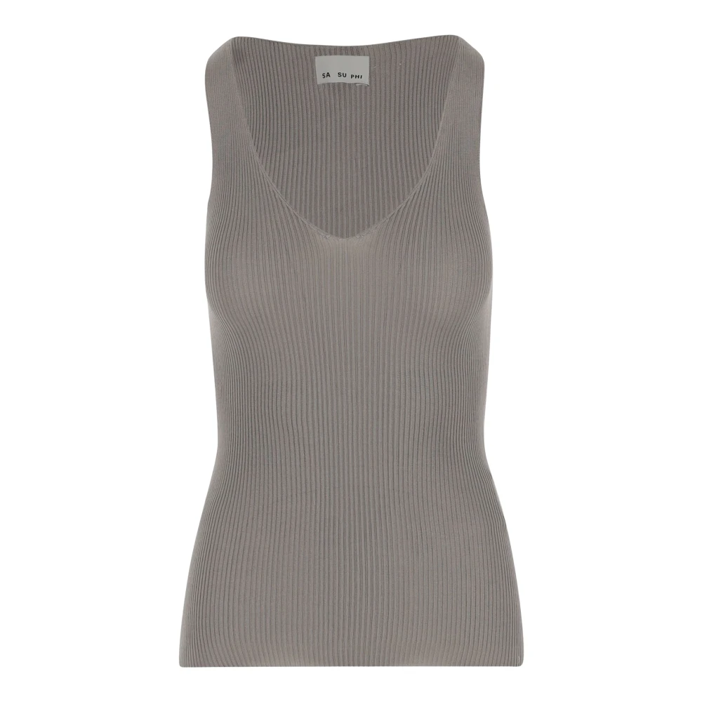 Sa Su Phi Geribbelde V-hals tanktop beige Dames