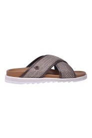 Slider sandals in taupe calfskin and rafia