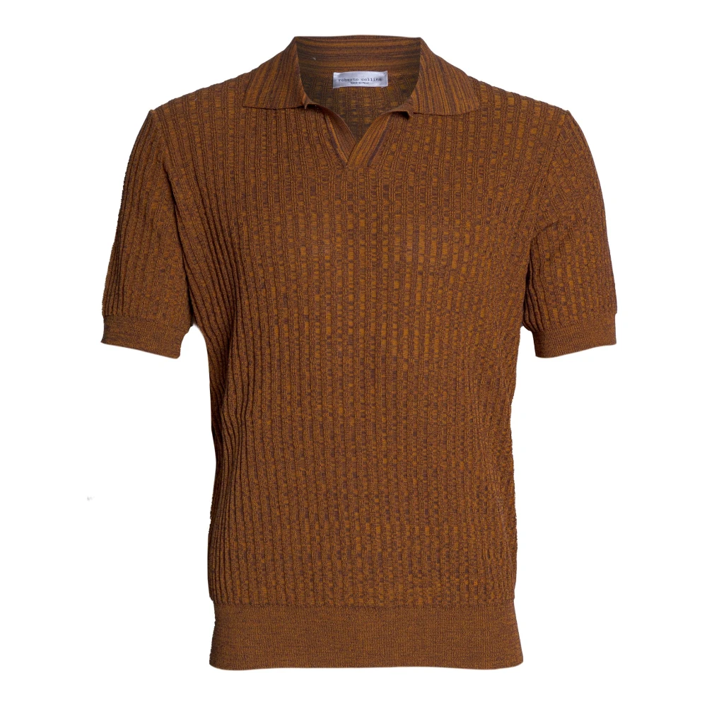 Roberto Collina Men's Brown Polo A Coste Mouliné - V-Neck Knitwear - M - Knitwear