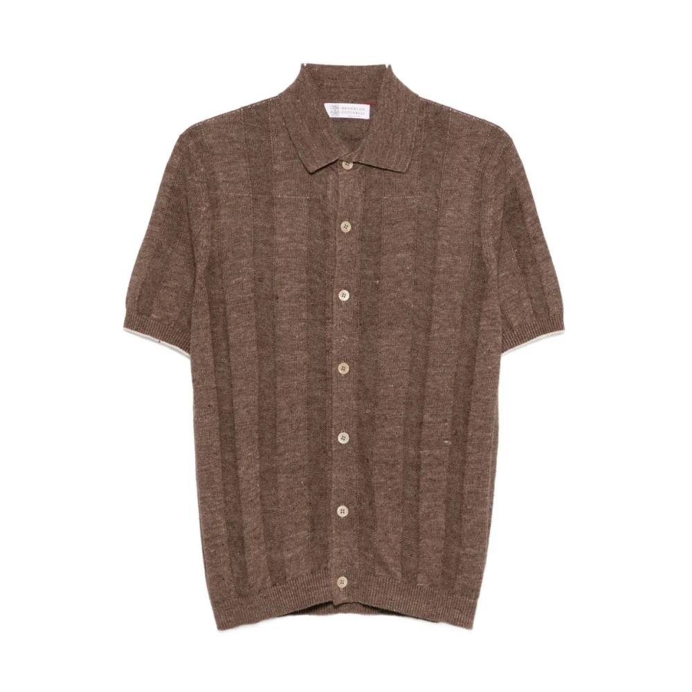 Brunello Cucinelli Men's Brown Polo Short-Sleeved Linen And Cotton Shirt - Cardigans - 5XL - Knitwear
