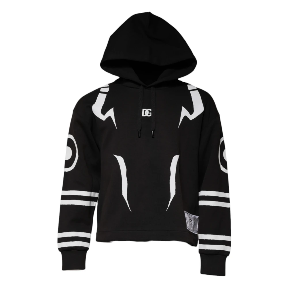 Dolce & Gabbana Men's Black Hoodies,, Logo Embroidered Hooded Jumper Extra Small