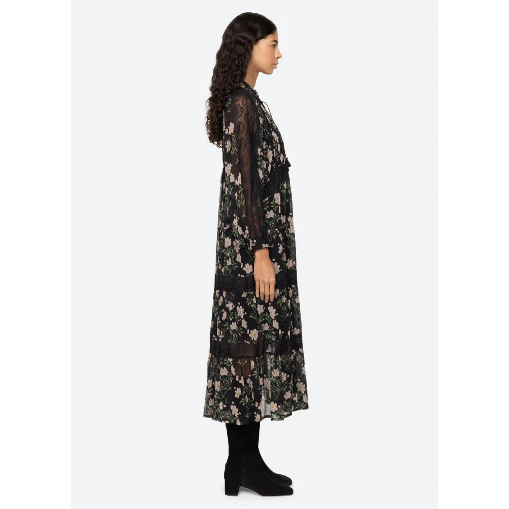 Sea NY Bloemenprint Midi Jurk met Kantinzetten Black Dames