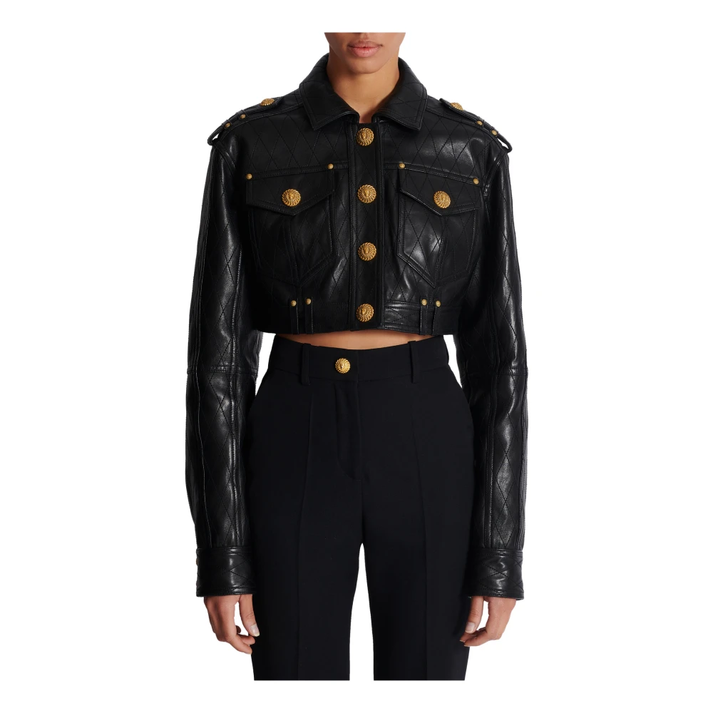 Balmain Topgestikte cropped leren jas Black Dames