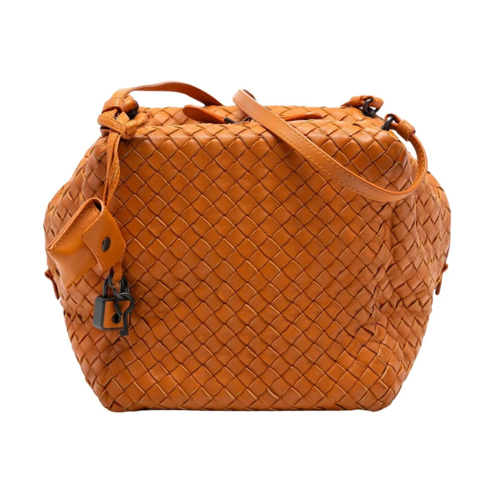 Bottega Veneta Vintage Women's Orange Pre-Owned Woven Leather Bucket Bag