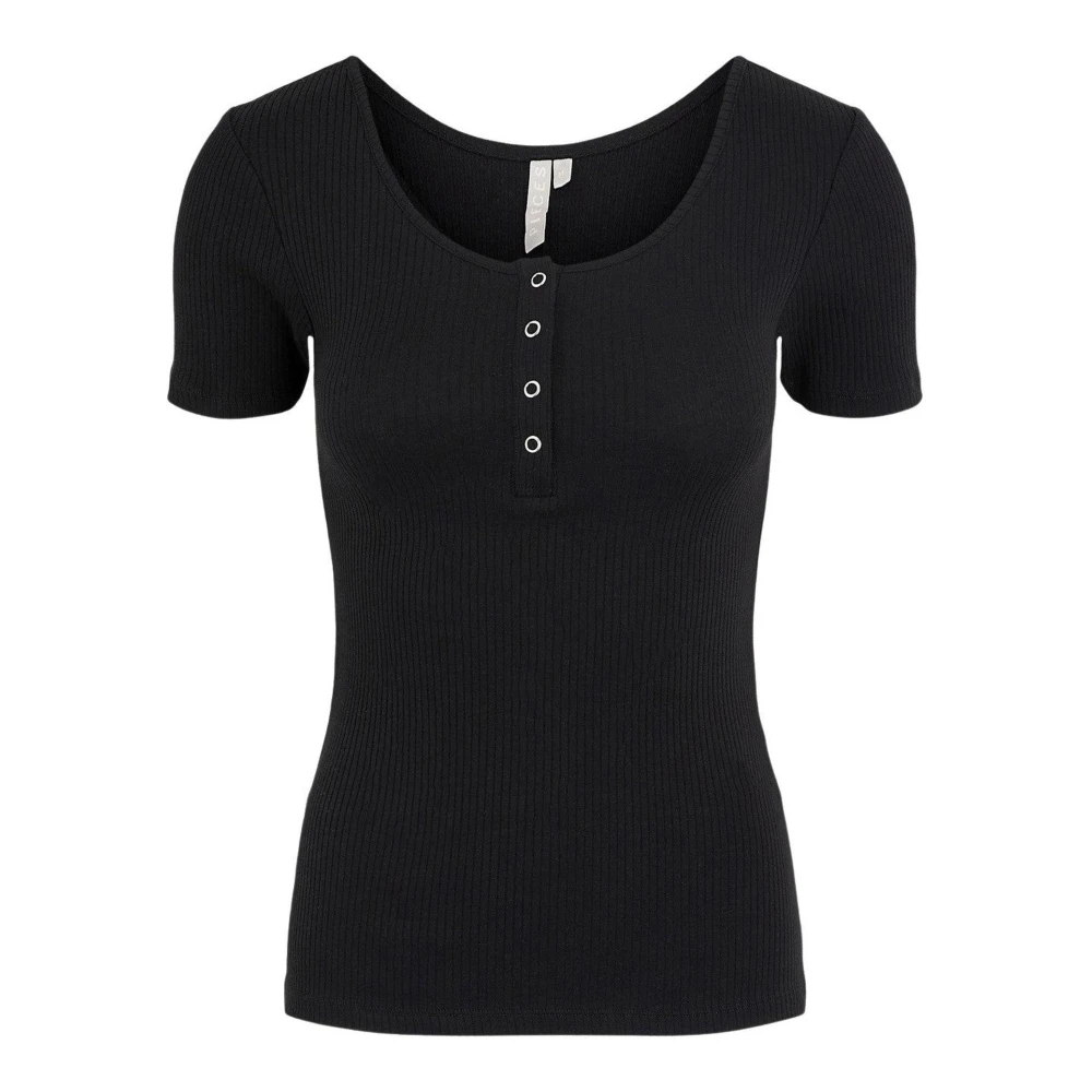 Pieces Zwart Geribbeld T-shirt met knopen voor vrouwen Black Dames
