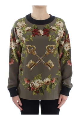 Grön Key Blommönster Siden Tröja