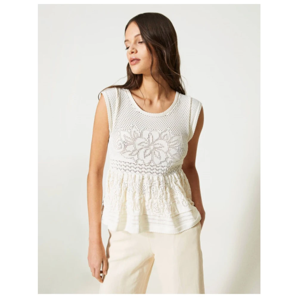 Twinset Uitlopende Gebreide Top met Bloemendesign Beige Dames