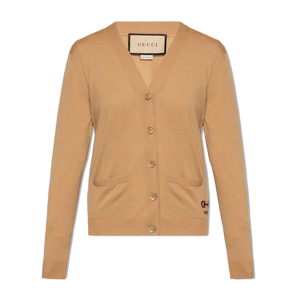 Gucci Wollen Cardigan met Logo en Horsebit Borduursel Brown Dames