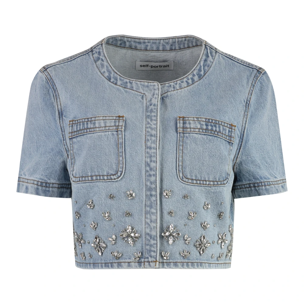 Self Portrait Geborduurde Denim Top met Zakken Blue Dames