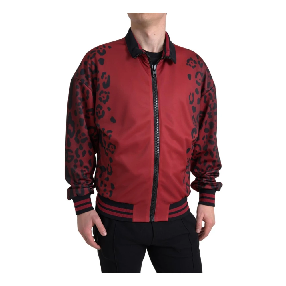 Dolce & Gabbana Men's Red Leopard Print Polyester Bomber Jacket