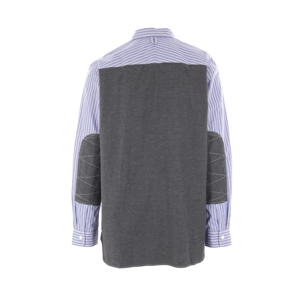 Junya Watanabe Gestreept katoenen overhemd met flanellen elleboogpatches Blue Heren
