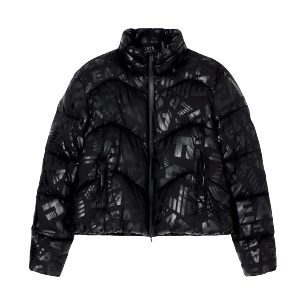 Emporio Armani Ea7 Damen Schwarz Nylon-Steppjacke Mit Allover-Monogramm-Print