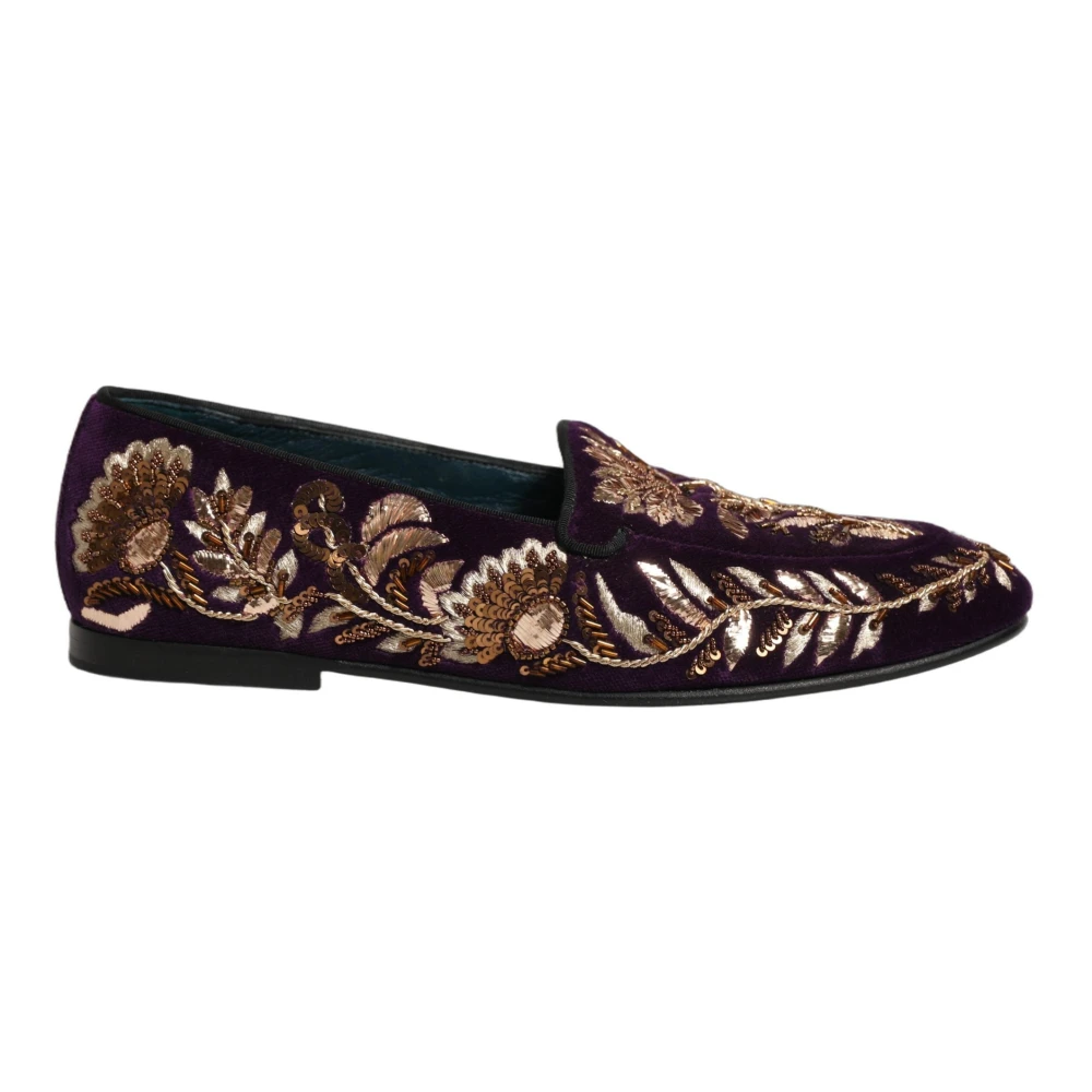 Dolce & Gabbana Men's Multicolor Loafers, 8 Uk, Velvet Floral Embroidery Loafers
