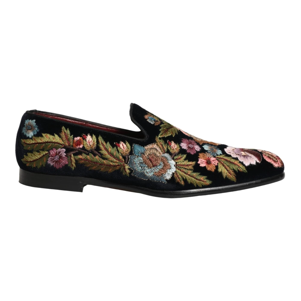 Dolce & Gabbana Men's Black Loafers, 10 Uk, Velvet Loafers With Floral Embroidery