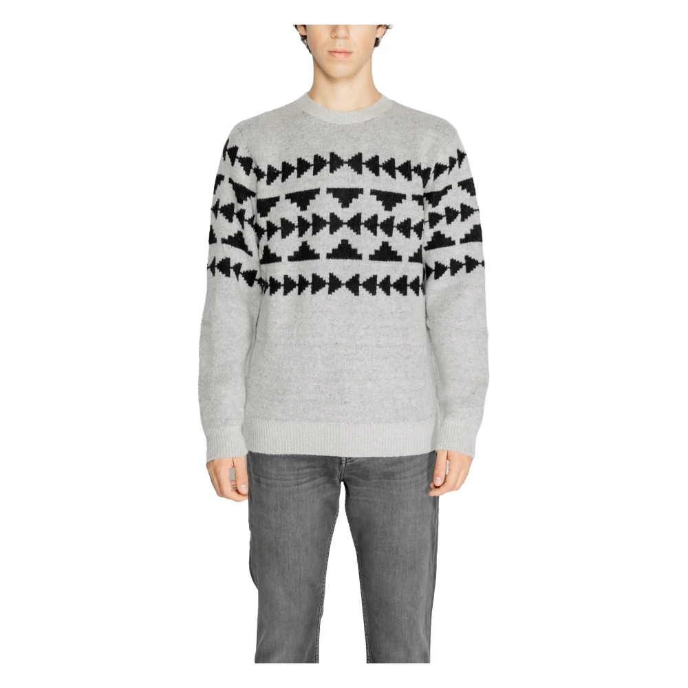 Antony Morato Men's Gray Round-Neck Knitwear,, Grey Geometric Knit Jumper Extra Large