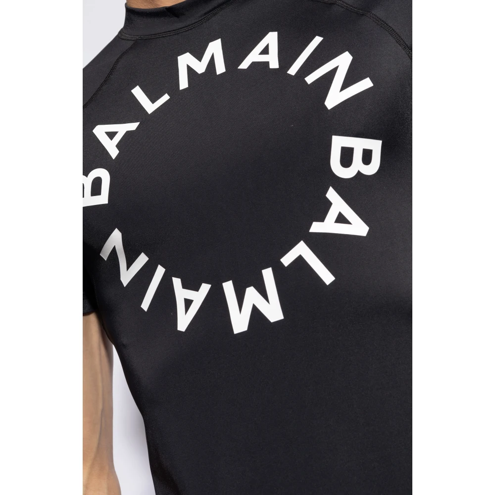 Balmain Zwarte Swim T-shirt met Logo Print Black Heren