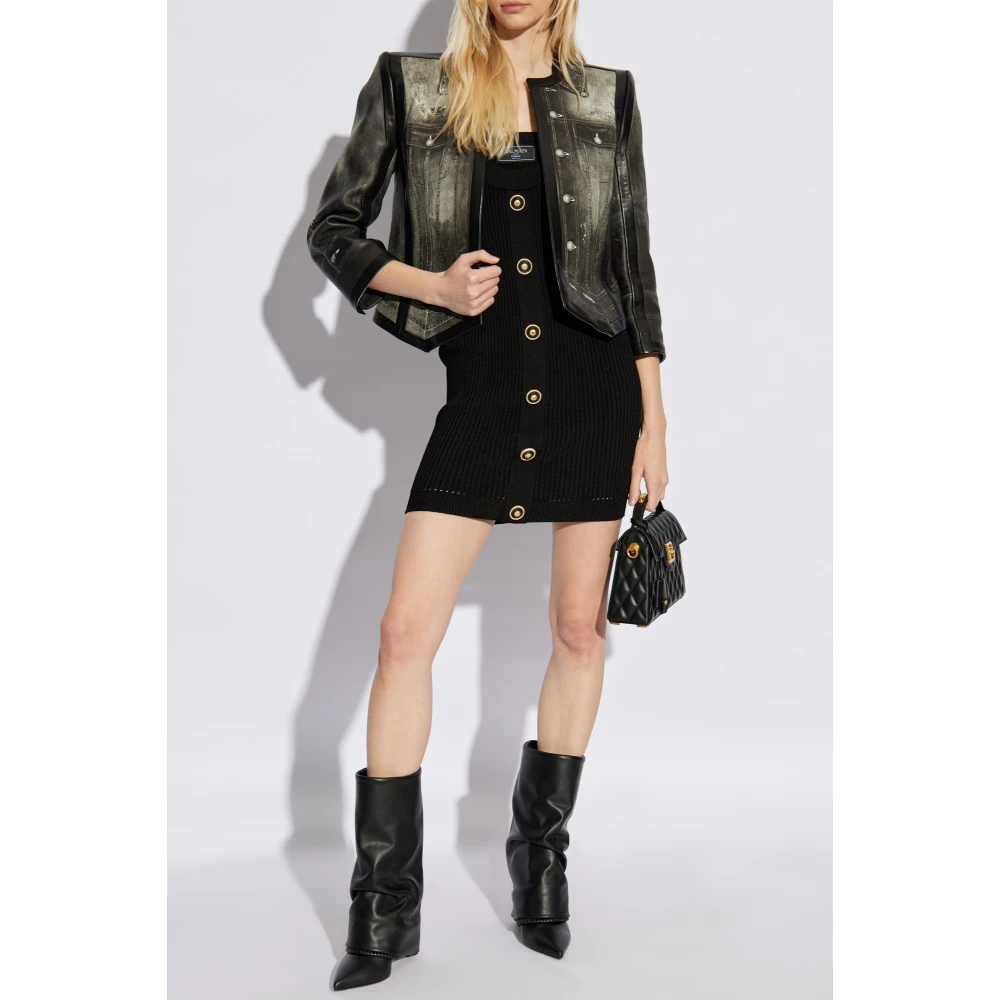 Balmain Leren jas met print Gray Dames