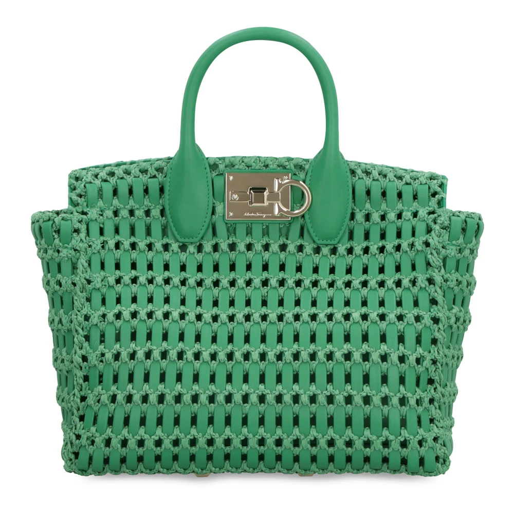 Salvatore Ferragamo Raffia Handtas met Leren Details Green Dames