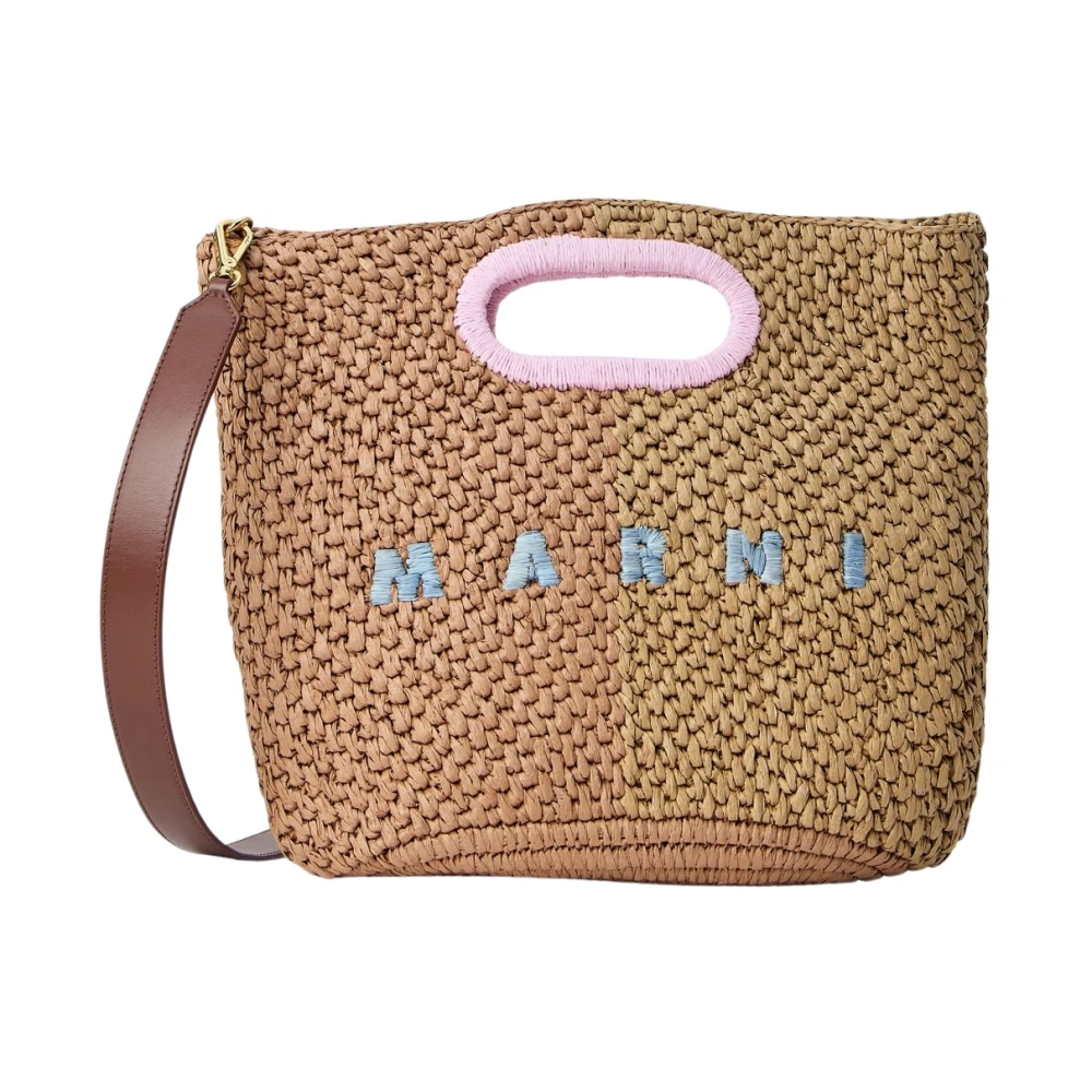 Marni Women's Beige Woven Tote Bag With Logo Detail - Shopping Bags - One Size - Bags