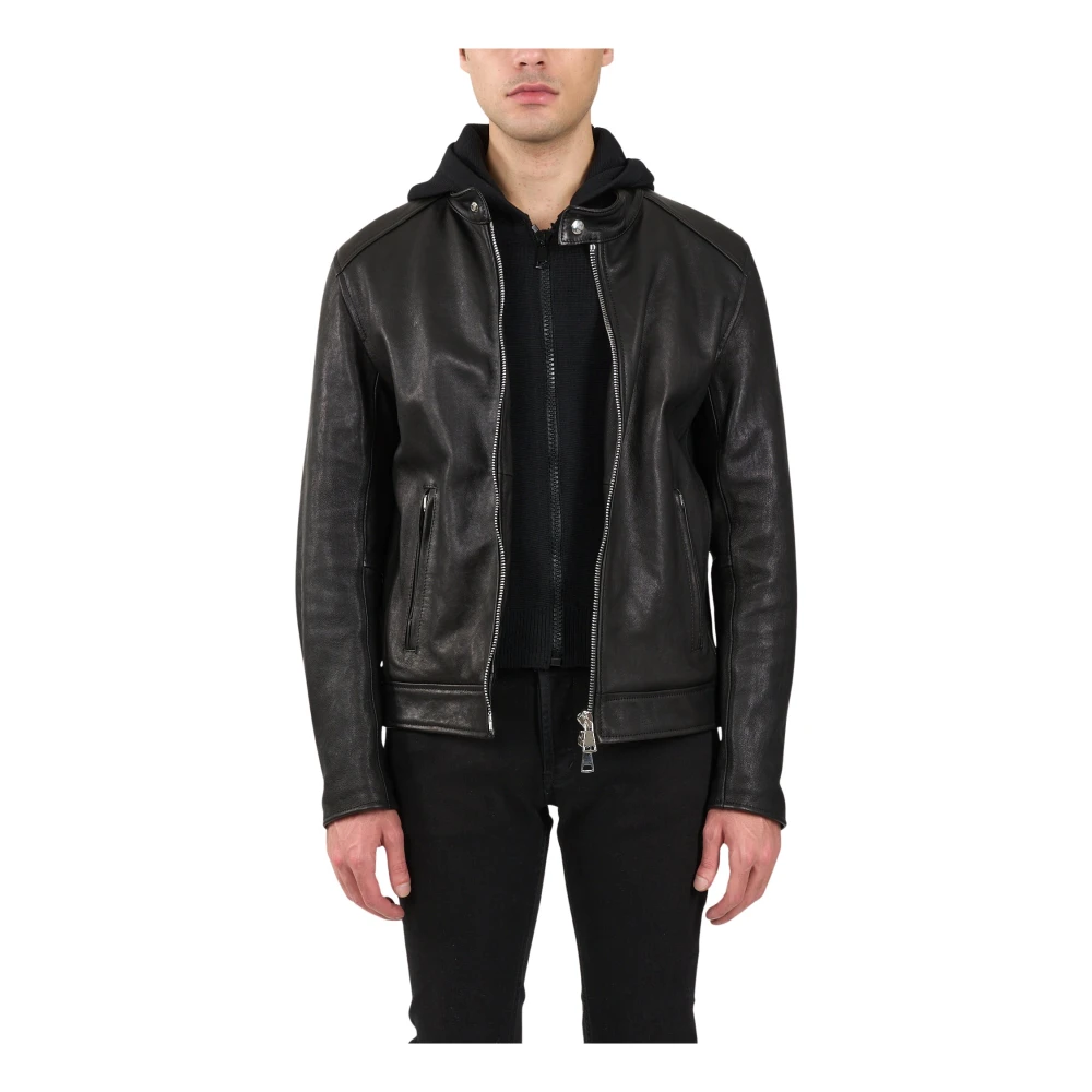 Dondup Leren Bikerjack met capuchon Black Heren