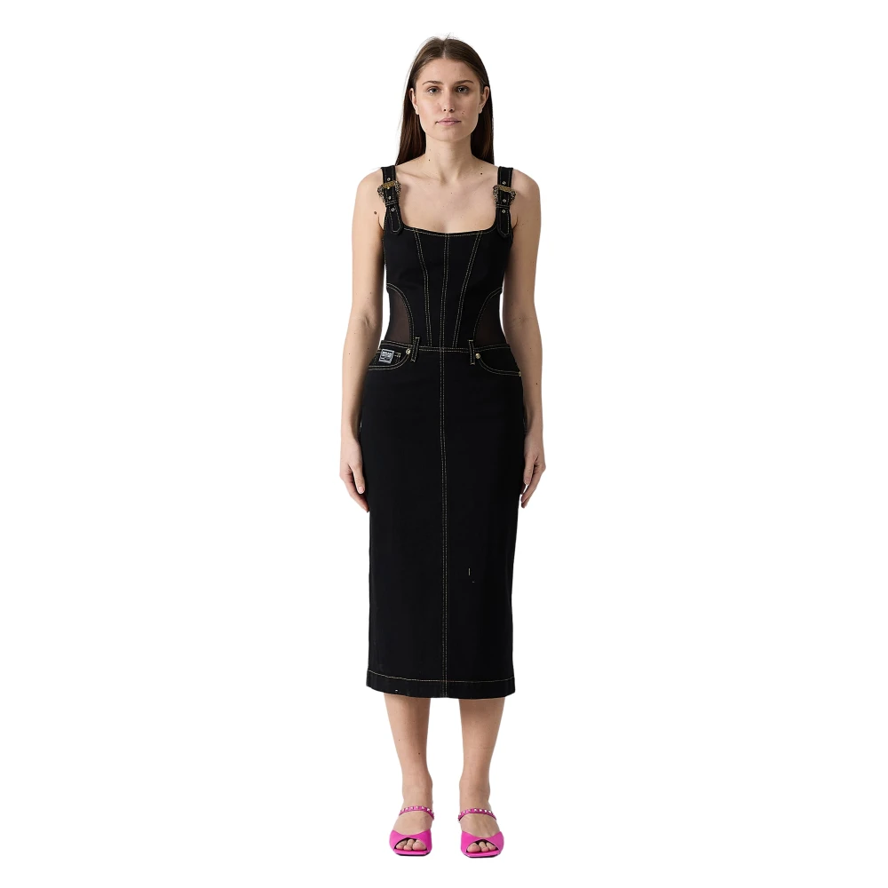 Versace Jeans Couture Denim midi jurk met tule details Black Dames